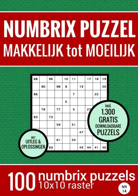 Voordeelprijs Kerstcadeau: Puzzelboek met 100 Numbrix Puzzels - Makkelijk tot Moeilijk - NR.14 / Druk 3